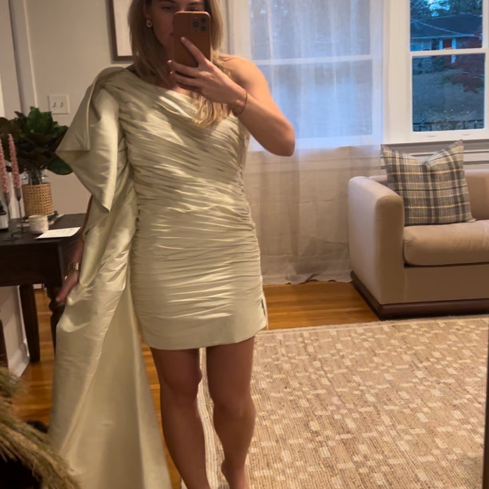 Rachel Gilbert One-Shoulder Ivory Ruched Mini Dress